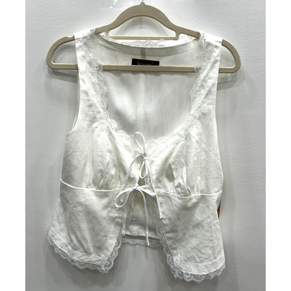 Kourt Women's Odette White Lace Trim Tie-Front Linen Blend Crop Top Size 6 NWOT - Picture 5 of 14